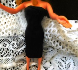 1609 BARBIE 1964 65 BLACK MAGIC STRAPLESS BLACK SHEATH DRESS,, BLACK MULES